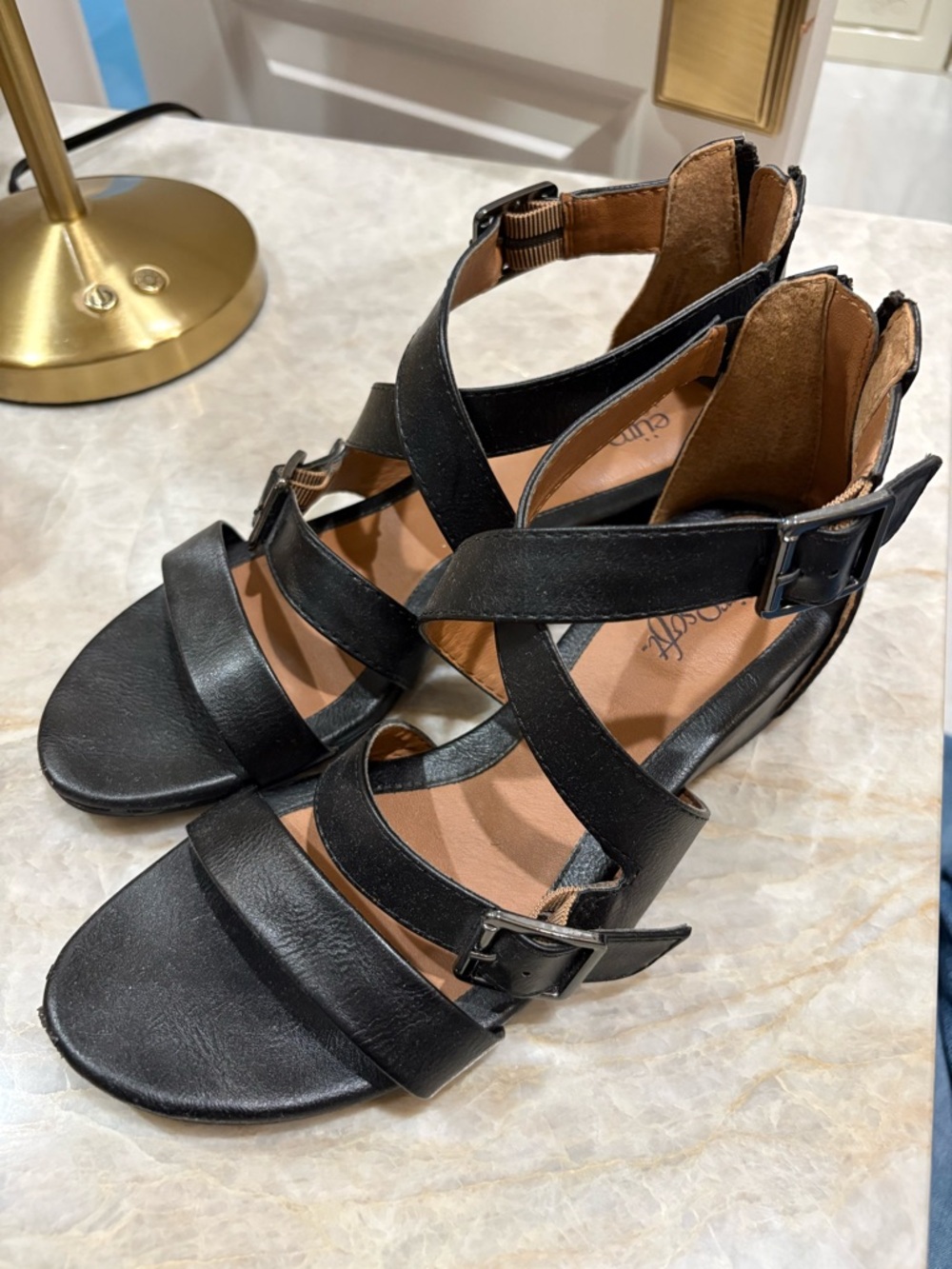 Eurosoft Women's Black Strappy Buckle Sandals - Versatile Everyday Wedge